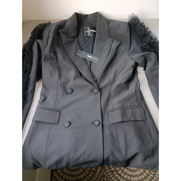NEW Fashion Nova Blazer Womens Medium Black Double Breasted Ruffled Sleeve Artsy - Picture 5 of 12